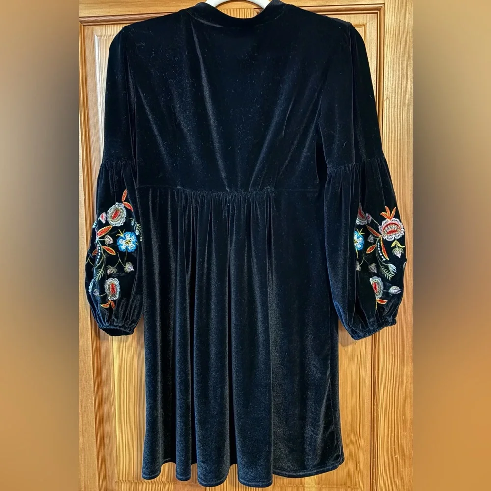 ASA Black Velvet Embroidered Floral Bohemian Style Dress - Picture 12 of 13